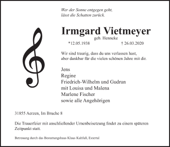 Traueranzeige von Irmgard Vietmeyer von Deister- und Weserzeitung
