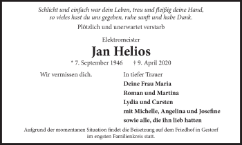 Traueranzeige von Jan Helios von Neue Deister-Zeitung