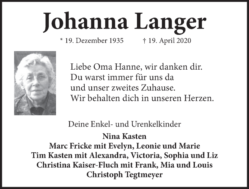  Traueranzeige für Johanna Langer vom 25.04.2020 aus Neue Deister-Zeitung