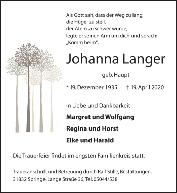 Traueranzeige von Johanna Langer von Neue Deister-Zeitung