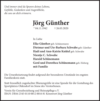 Traueranzeige von Jörg Günther von Deister- und Weserzeitung