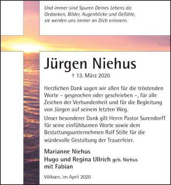 Traueranzeige von Jürgen Niehus von Neue Deister-Zeitung