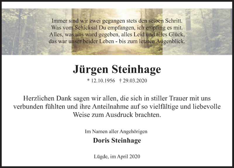  Traueranzeige für Jürgen Steinhage vom 02.05.2020 aus Deister- und Weserzeitung