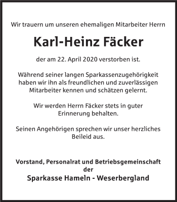 Traueranzeige von Karl-Heinz Fäcker von Deister- und Weserzeitung
