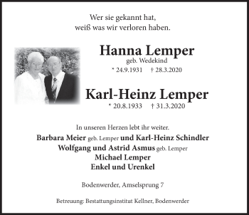 Traueranzeige von Karl-Heinz Lemper von Deister- und Weserzeitung