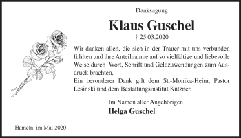 Traueranzeige von Klaus Guschel von Deister- und Weserzeitung