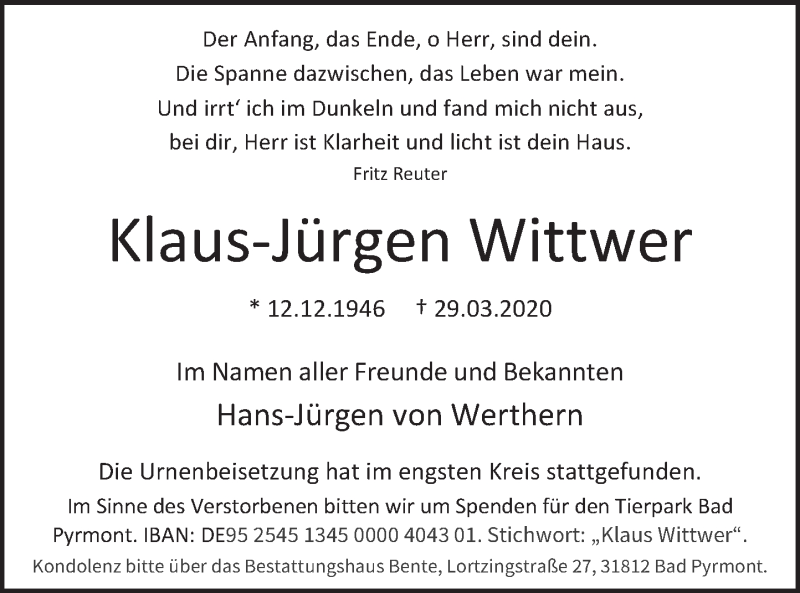  Traueranzeige für Klaus-Jürgen Wittwer vom 25.04.2020 aus Deister- und Weserzeitung