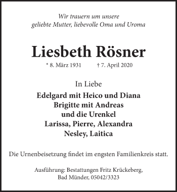 Traueranzeige von Liesbeth Rösner von Neue Deister-Zeitung