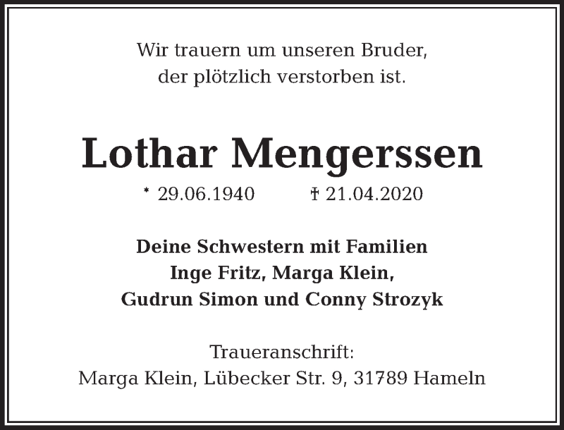  Traueranzeige für Lothar Mengerssen vom 02.05.2020 aus Deister- und Weserzeitung
