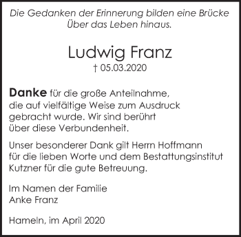 Traueranzeige von Ludwig Franz von Deister- und Weserzeitung