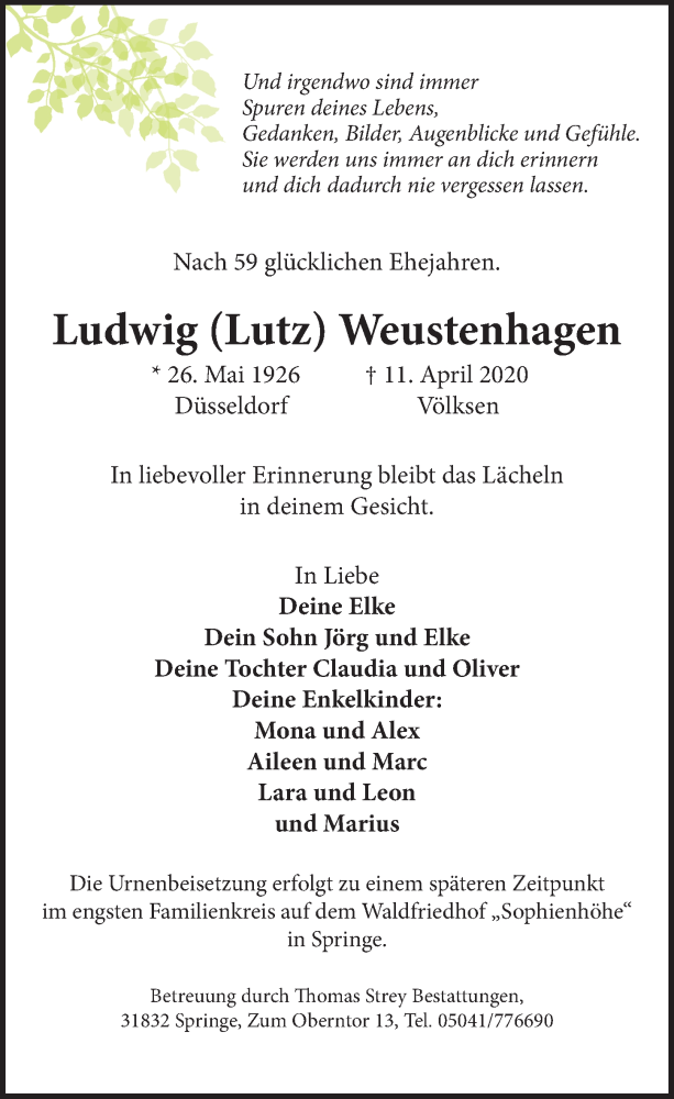  Traueranzeige für Ludwig  Weustenhagen vom 18.04.2020 aus Neue Deister-Zeitung