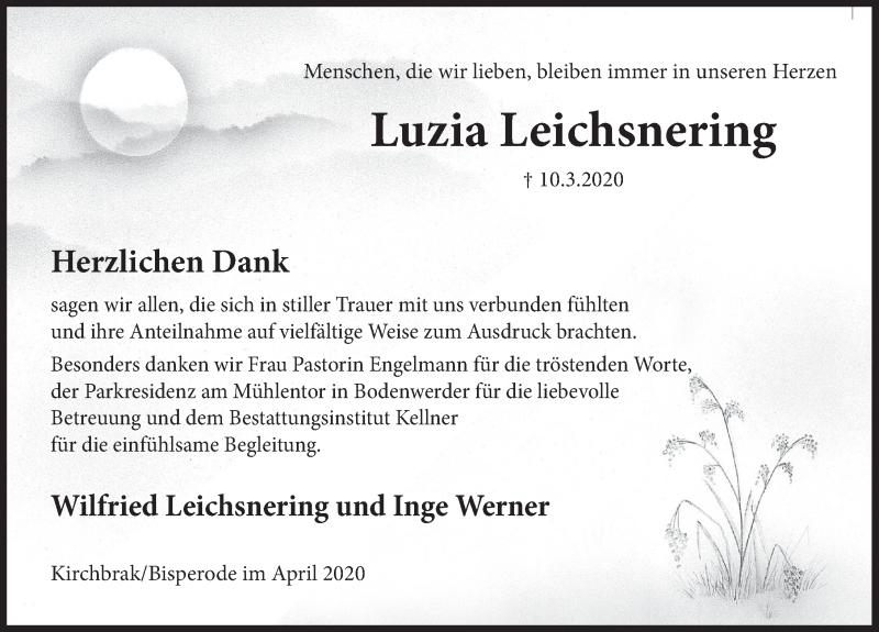  Traueranzeige für Luzia Leichsnering vom 11.04.2020 aus Deister- und Weserzeitung