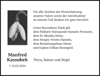Traueranzeige von Manfred Kassubek von Deister- und Weserzeitung