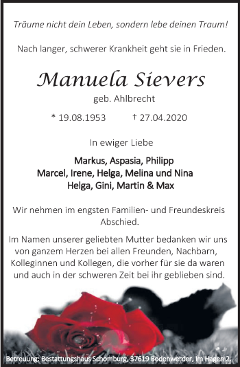 Traueranzeige von Manuela Sievers von Deister- und Weserzeitung