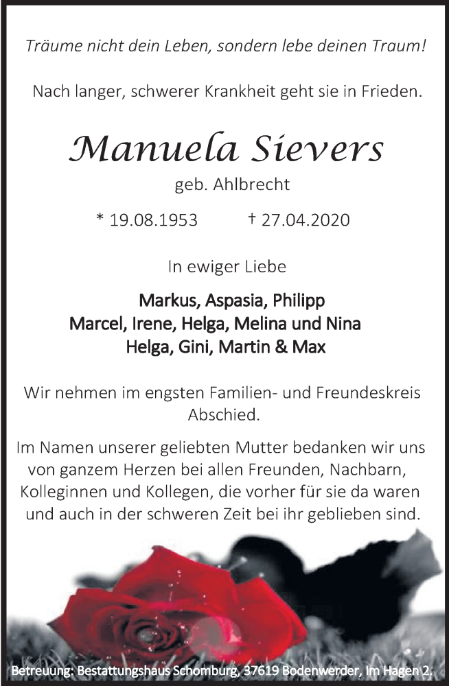  Traueranzeige für Manuela Sievers vom 02.05.2020 aus Deister- und Weserzeitung