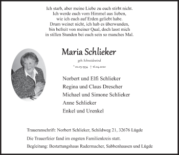 Traueranzeige von Maria Schlieker von Deister- und Weserzeitung
