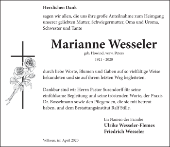 Traueranzeige von Marianne Wesseler von Neue Deister-Zeitung