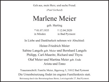Traueranzeige von Marlene Meier von Deister- und Weserzeitung