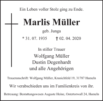 Traueranzeige von Marlis Müller von Deister- und Weserzeitung