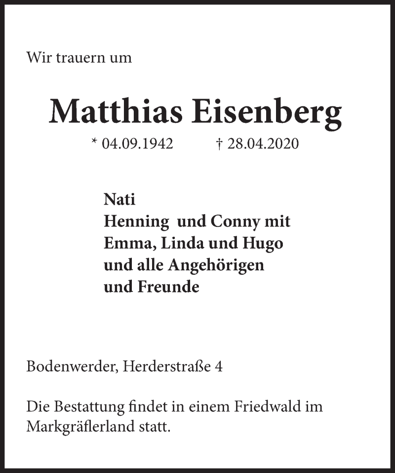  Traueranzeige für Matthias Eisenberg vom 02.05.2020 aus Deister- und Weserzeitung
