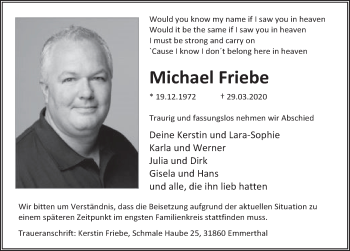 Traueranzeige von Michael Friebe von Deister- und Weserzeitung