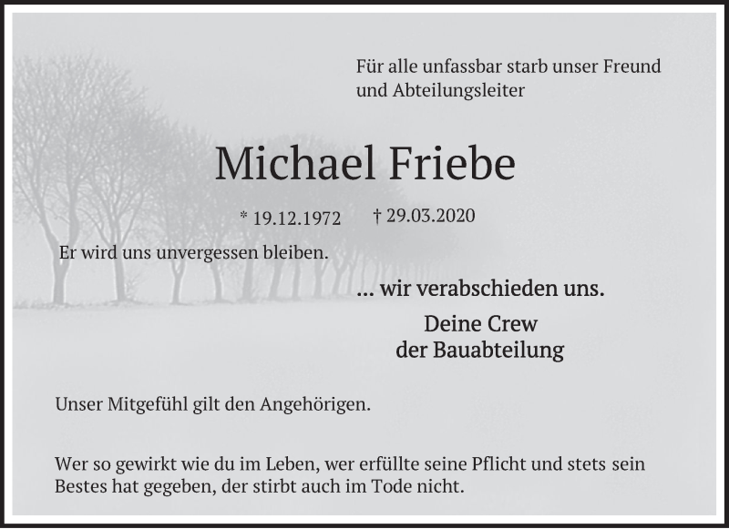  Traueranzeige für Michael Friebe vom 04.04.2020 aus Deister- und Weserzeitung