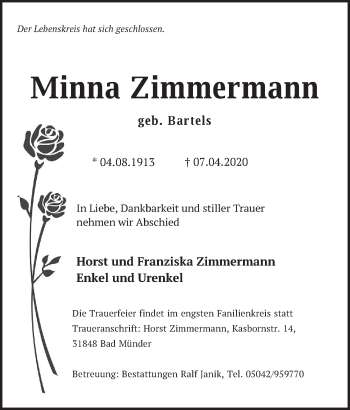 Traueranzeige von Minna Zimmermann von Neue Deister-Zeitung