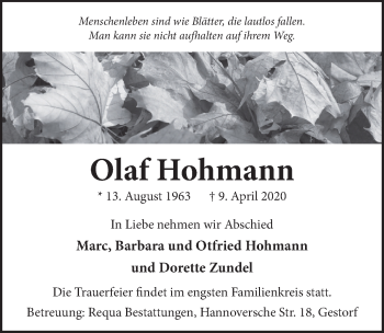 Traueranzeige von Olaf Hohmann von Neue Deister-Zeitung