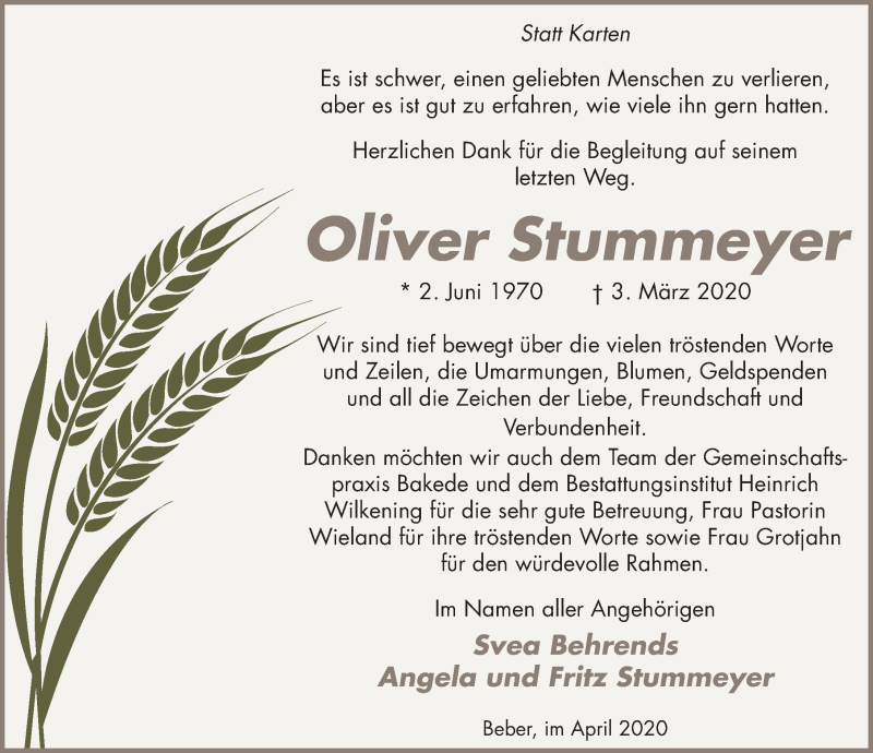  Traueranzeige für Oliver Stummeyer vom 11.04.2020 aus Neue Deister-Zeitung
