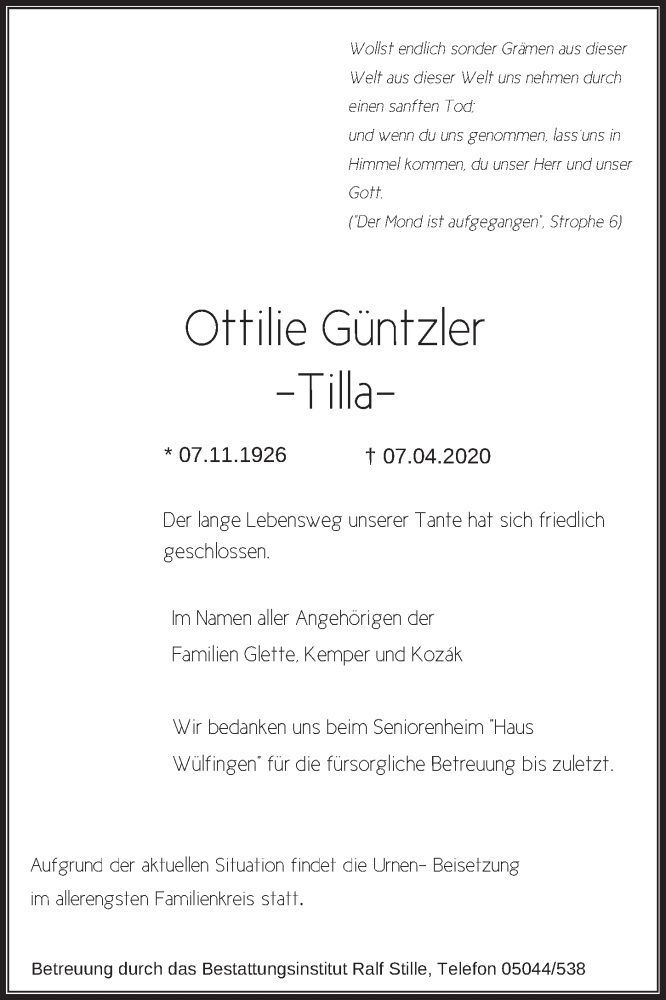  Traueranzeige für Ottilie Güntzler vom 14.04.2020 aus Neue Deister-Zeitung