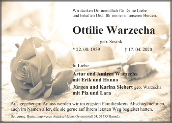 Traueranzeige von Ottilie Warzecha von Deister- und Weserzeitung
