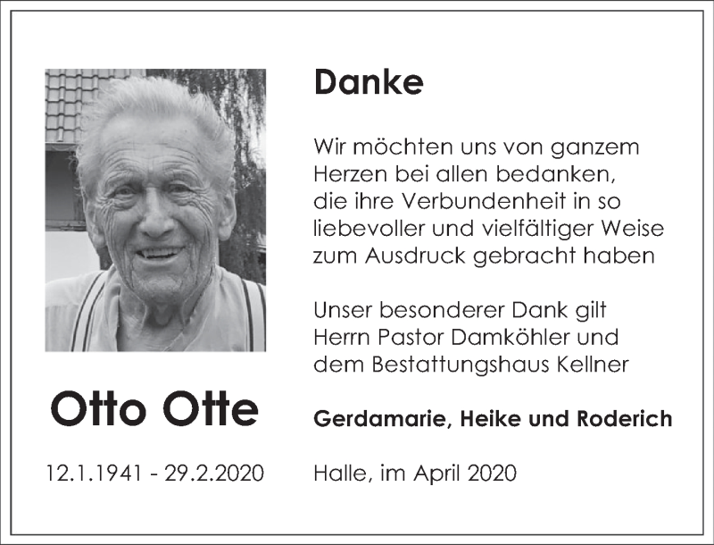  Traueranzeige für Otto Otte vom 18.04.2020 aus Deister- und Weserzeitung