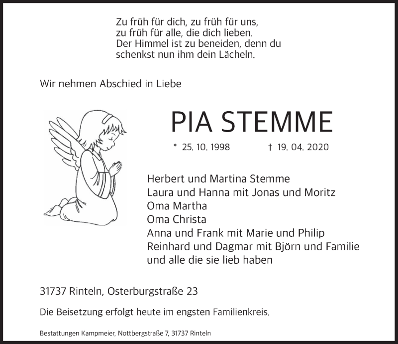  Traueranzeige für Pia Stemme vom 25.04.2020 aus Deister- und Weserzeitung