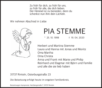 Traueranzeige von Pia Stemme von Deister- und Weserzeitung