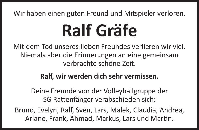  Traueranzeige für Ralf Gräfe vom 25.04.2020 aus Deister- und Weserzeitung