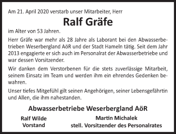 Traueranzeige von Ralf Gräfe von Deister- und Weserzeitung