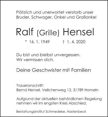 Traueranzeige von Ralf  Hensel von Deister- und Weserzeitung