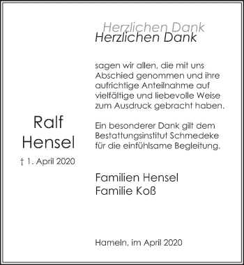 Traueranzeige von Ralf  Hensel von Deister- und Weserzeitung