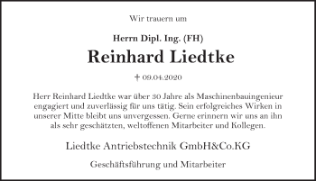 Traueranzeige von Reinhard Liedtke von Deister- und Weserzeitung