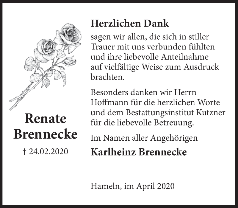  Traueranzeige für Renate Brennecke vom 11.04.2020 aus Deister- und Weserzeitung