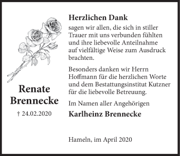 Traueranzeige von Renate Brennecke von Deister- und Weserzeitung