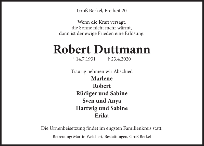  Traueranzeige für Robert Duttmann vom 02.05.2020 aus Deister- und Weserzeitung
