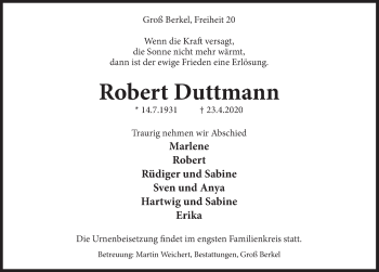 Traueranzeige von Robert Duttmann von Deister- und Weserzeitung