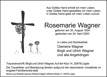 Traueranzeige von Rosemarie Wagner von Deister- und Weserzeitung