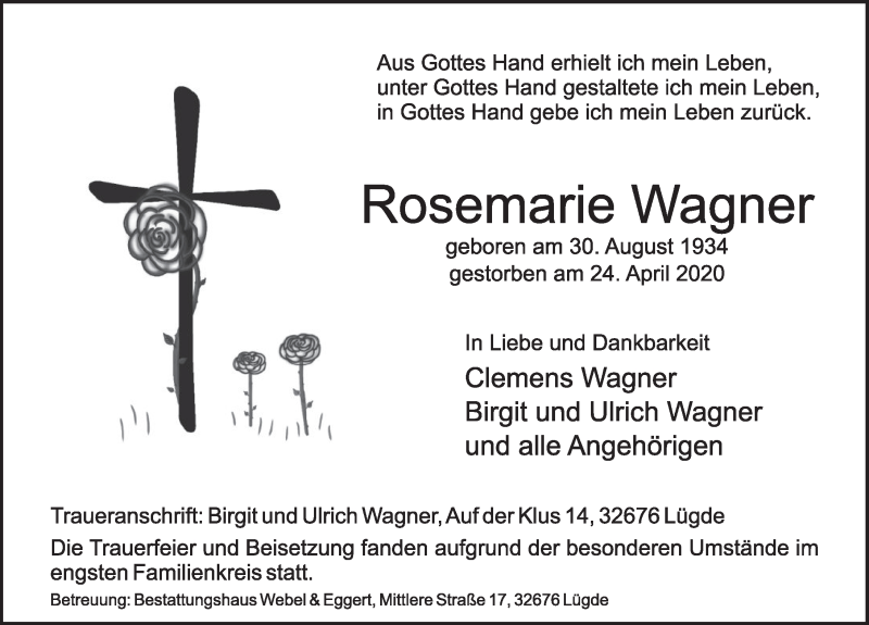  Traueranzeige für Rosemarie Wagner vom 02.05.2020 aus Deister- und Weserzeitung