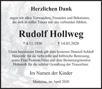 Traueranzeige von Rudolf Hollweg von Deister- und Weserzeitung