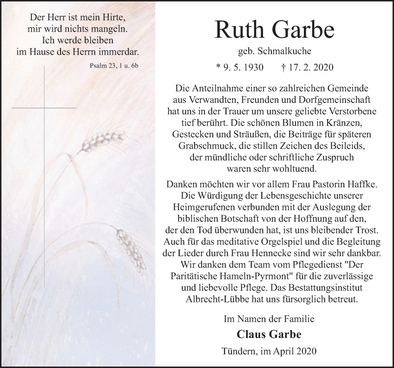  Traueranzeige für Ruth Garbe vom 04.04.2020 aus Deister- und Weserzeitung