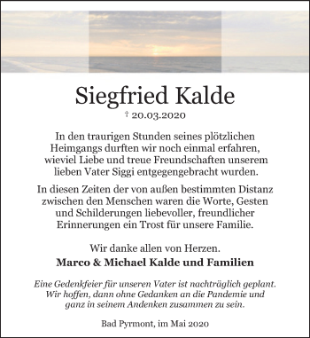 Traueranzeige von Siegfried Kalde von Deister- und Weserzeitung