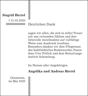 Traueranzeige von Siegrid Herrel von Deister- und Weserzeitung