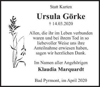 Traueranzeige von Ursula Görke von Deister- und Weserzeitung